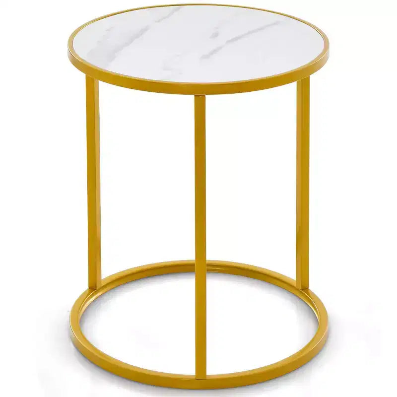 Set of 2 Round Faux Marble Top Side Tables with Gold Metal Frame, 16x16 Inch End Tables