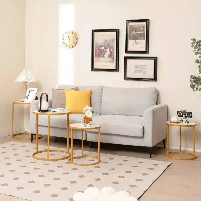 Set of 2 Round Faux Marble Top Side Tables with Gold Metal Frame, 16x16 Inch End Tables