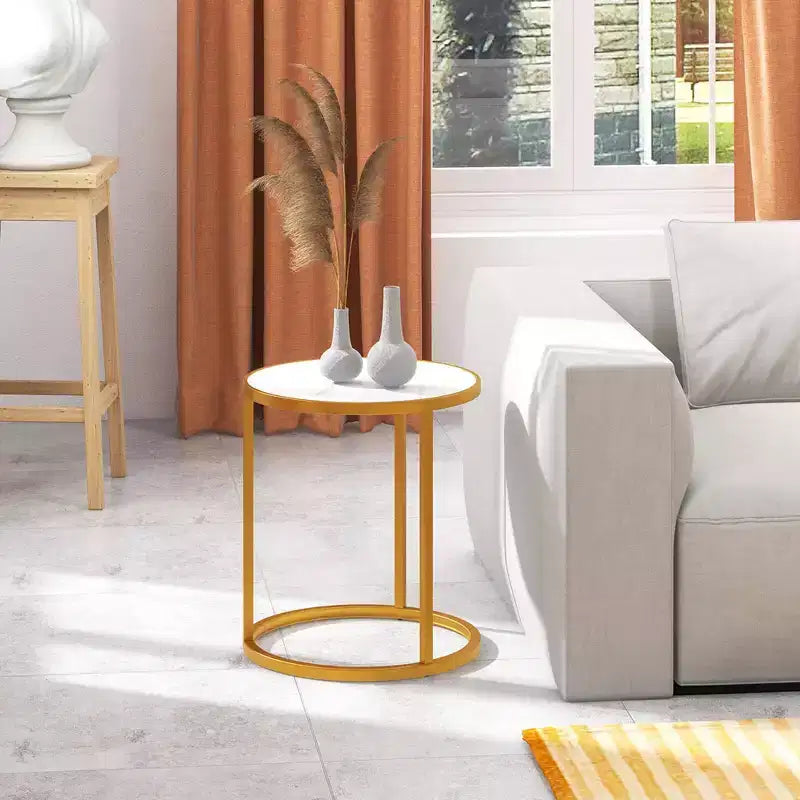 Set of 2 Round Faux Marble Top Side Tables with Gold Metal Frame, 16x16 Inch End Tables