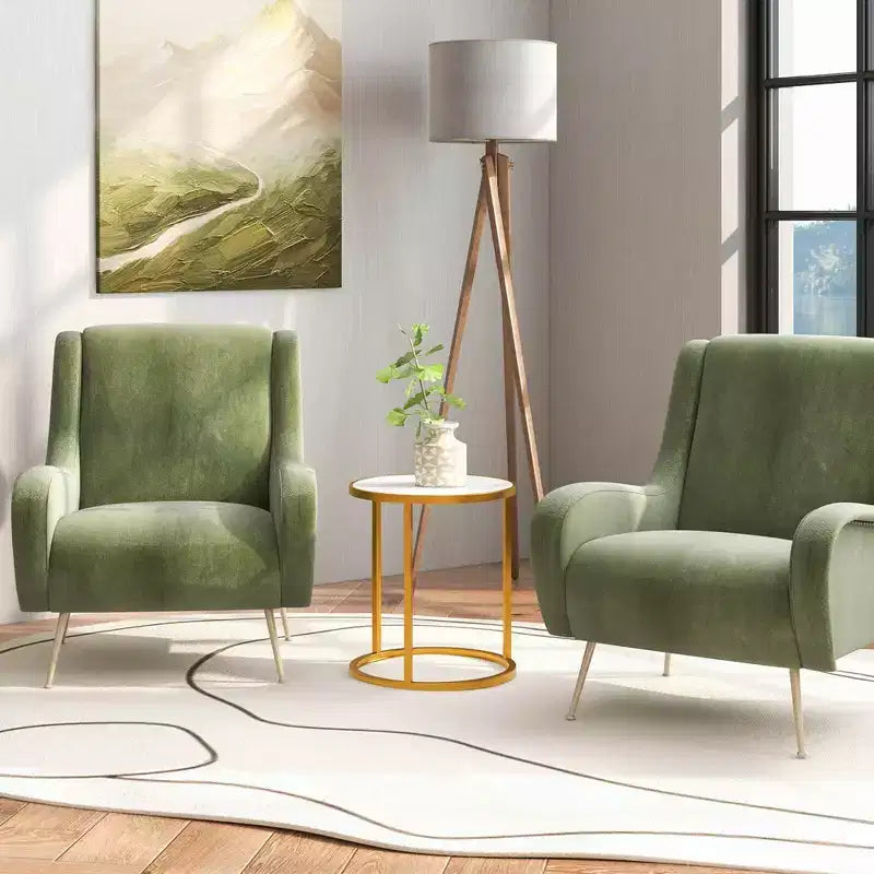 Set of 2 Round Faux Marble Top Side Tables with Gold Metal Frame, 16x16 Inch End Tables