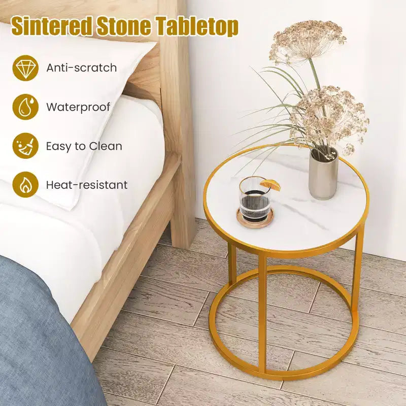 Set of 2 Round Faux Marble Top Side Tables with Gold Metal Frame, 16x16 Inch End Tables