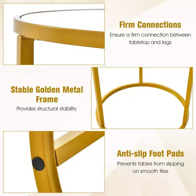 Set of 2 Round Faux Marble Top Side Tables with Gold Metal Frame, 16x16 Inch End Tables