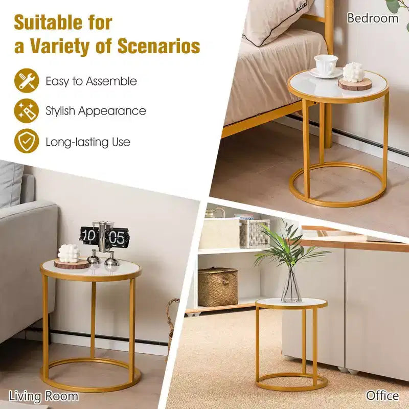 Set of 2 Round Faux Marble Top Side Tables with Gold Metal Frame, 16x16 Inch End Tables