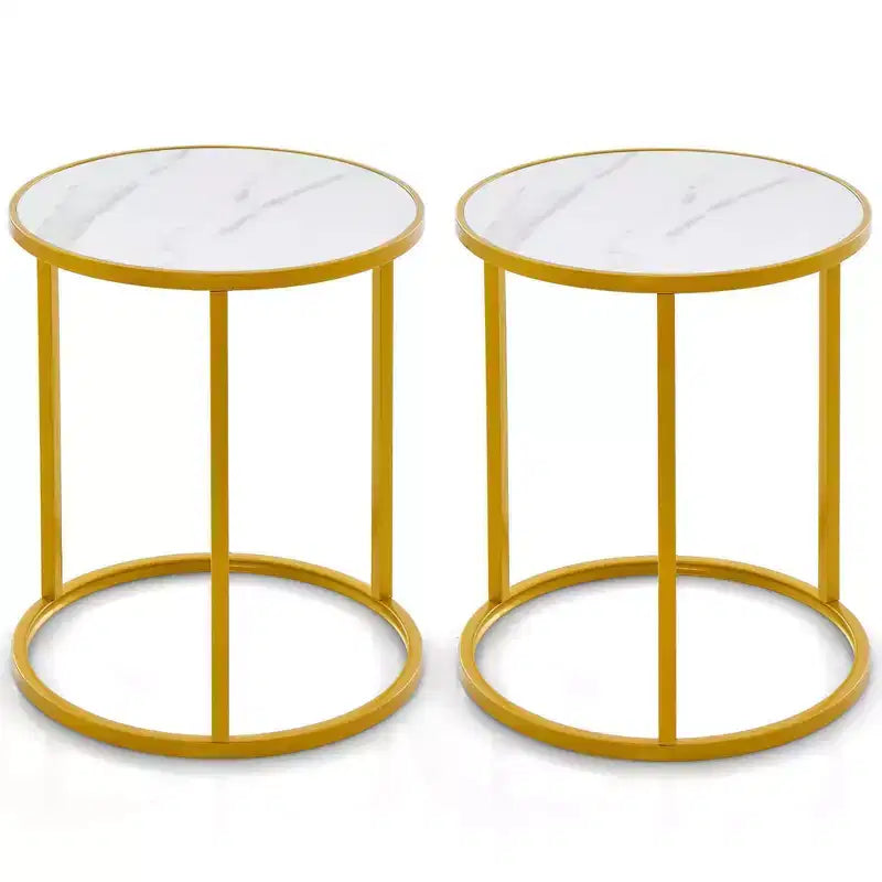 Set of 2 Round Faux Marble Top Side Tables with Gold Metal Frame, 16x16 Inch End Tables