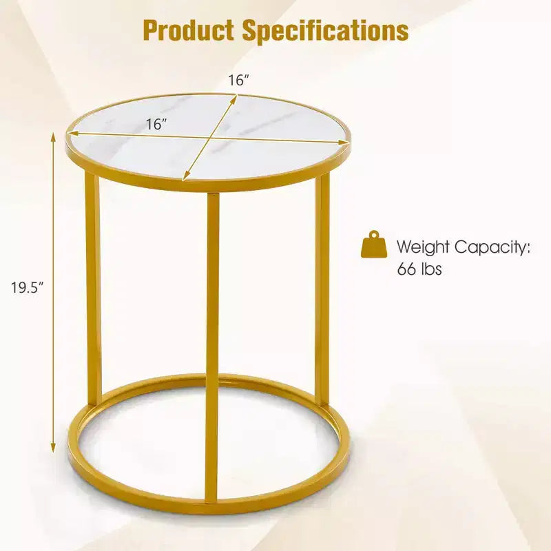 Set of 2 Round Faux Marble Top Side Tables with Gold Metal Frame, 16x16 Inch End Tables
