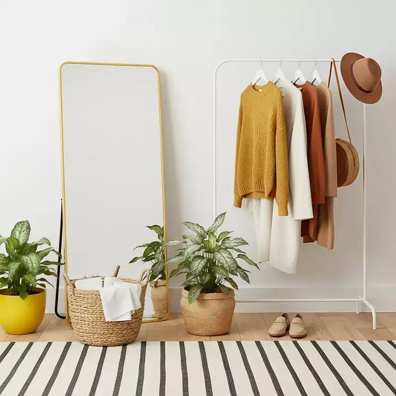 Full-Length Aluminum Mirror with Gold Rounded Frame and Stand, 64x21 Inch Tempered Glass