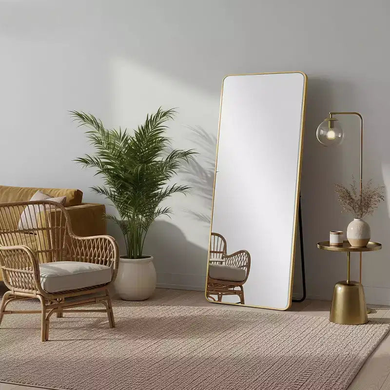 Full-Length Aluminum Mirror with Gold Rounded Frame and Stand, 64x21 Inch Tempered Glass