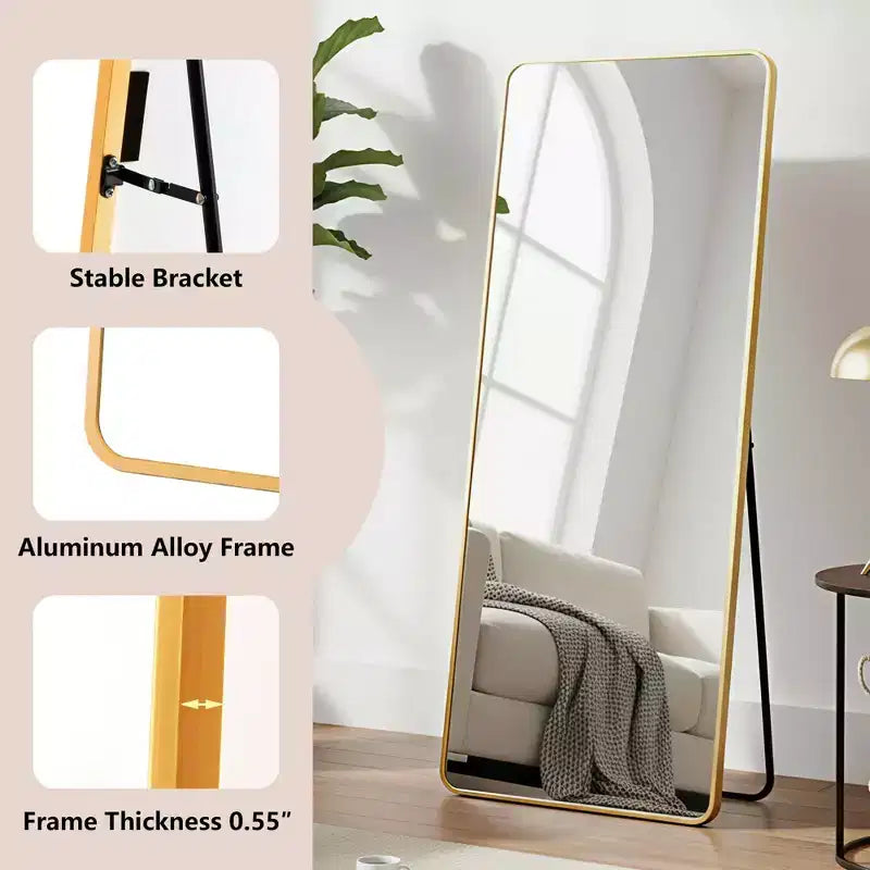 Full-Length Aluminum Mirror with Gold Rounded Frame and Stand, 64x21 Inch Tempered Glass