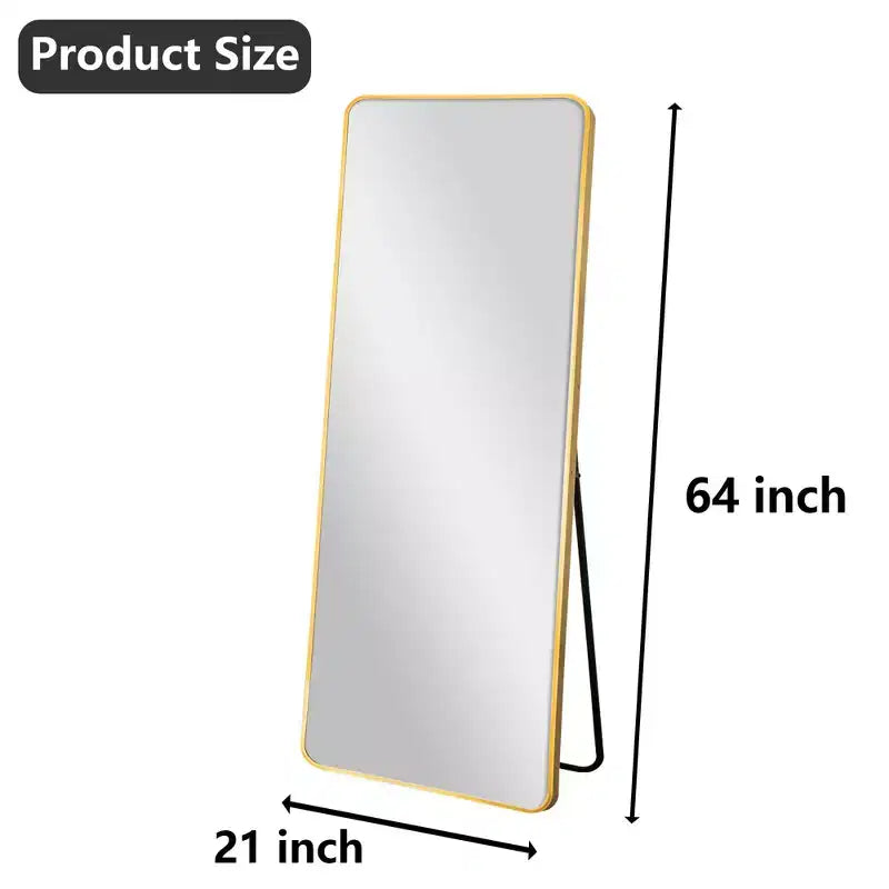Full-Length Aluminum Mirror with Gold Rounded Frame and Stand, 64x21 Inch Tempered Glass