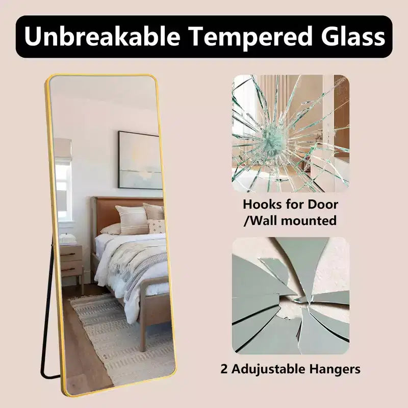 Full-Length Aluminum Mirror with Gold Rounded Frame and Stand, 64x21 Inch Tempered Glass