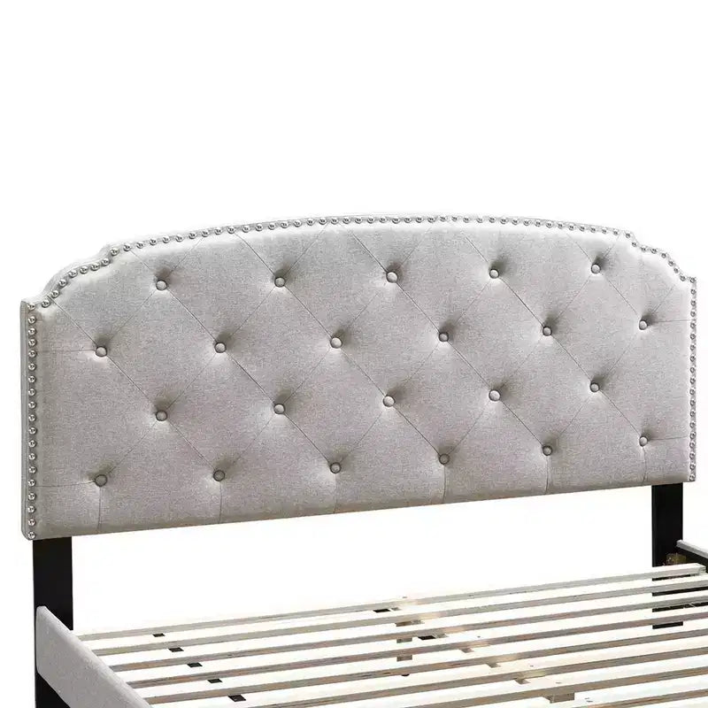 Twin Bed with Button Tufted Scalloped Headboard, Silver Nailhead Trim, Light Brown Linen