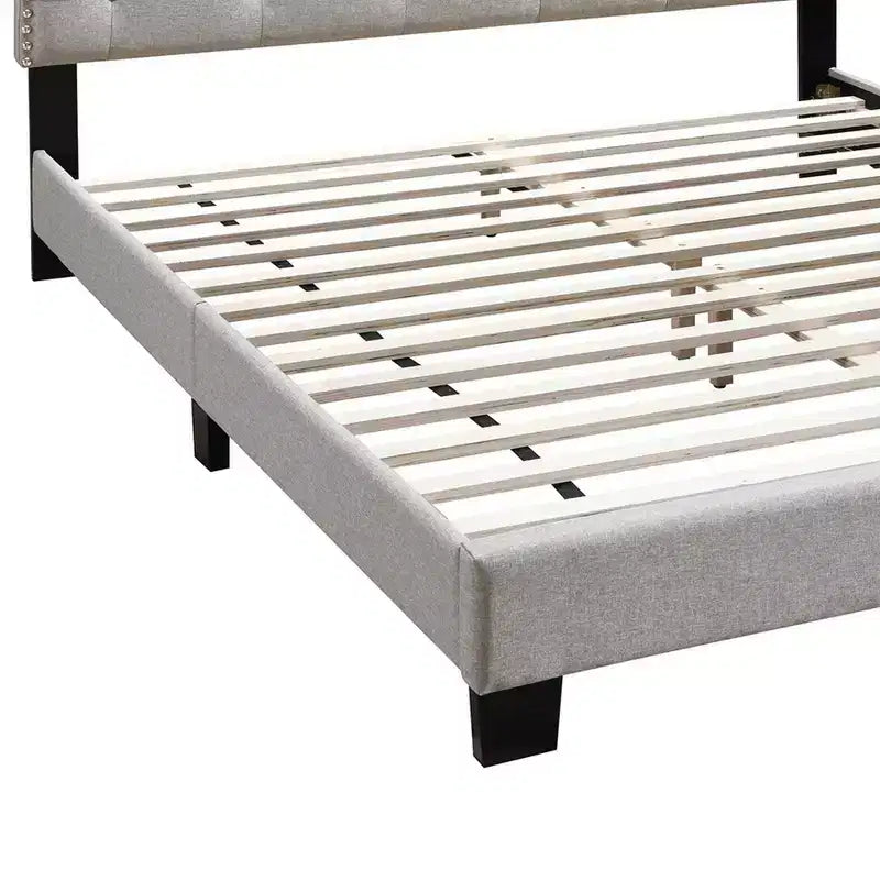 Twin Bed with Button Tufted Scalloped Headboard, Silver Nailhead Trim, Light Brown Linen