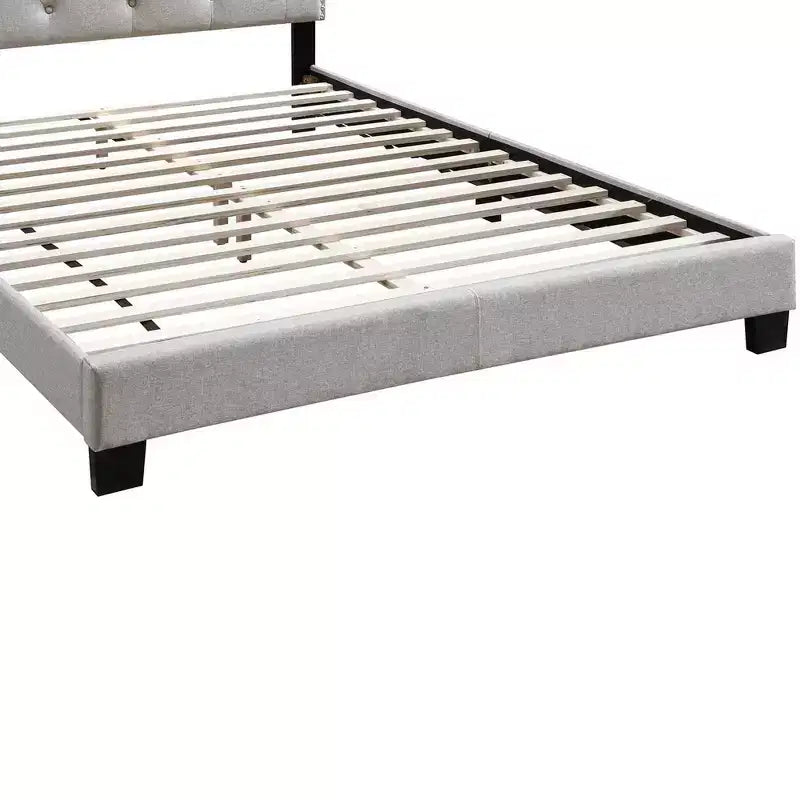 Twin Bed with Button Tufted Scalloped Headboard, Silver Nailhead Trim, Light Brown Linen