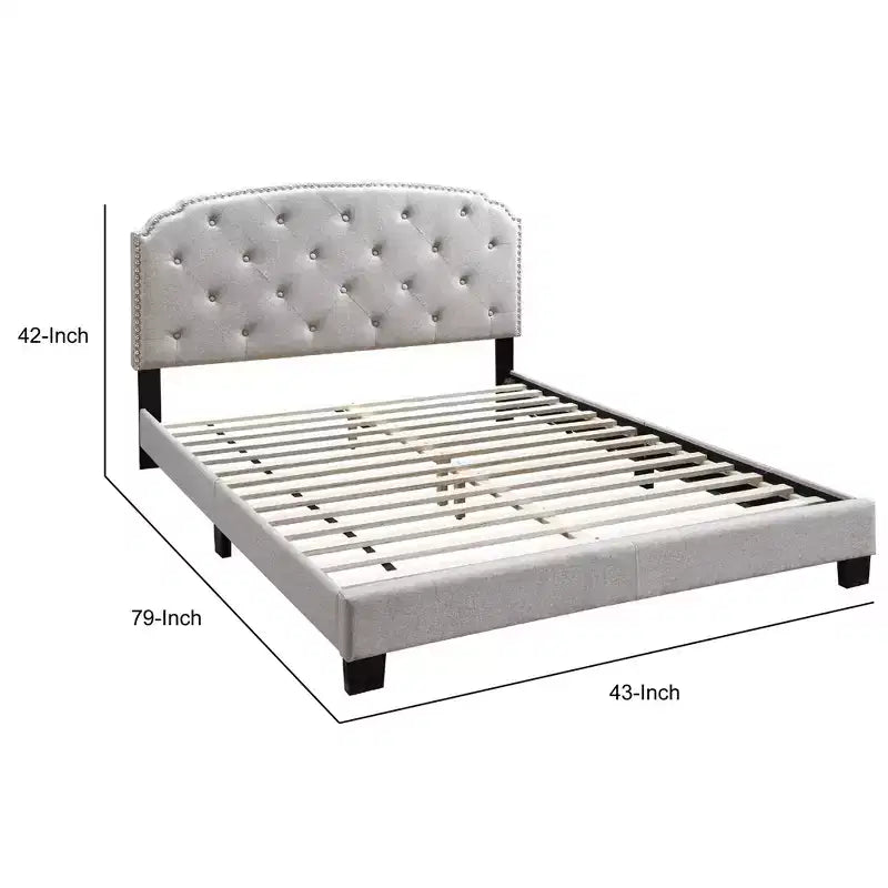 Twin Bed with Button Tufted Scalloped Headboard, Silver Nailhead Trim, Light Brown Linen