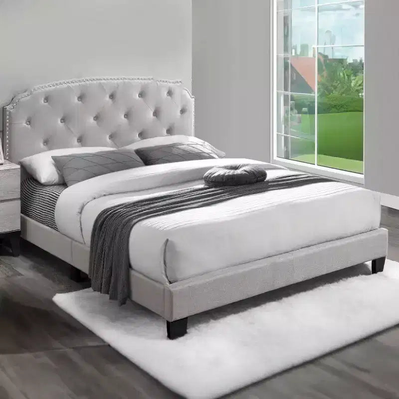 Twin Bed with Button Tufted Scalloped Headboard, Silver Nailhead Trim, Light Brown Linen