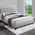 Twin Bed with Button Tufted Scalloped Headboard, Silver Nailhead Trim, Light Brown Linen