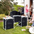 Draagbare campingkeukentafel met windscherm en 3 afgesloten kasten, aluminium inklapbaar kookstation
