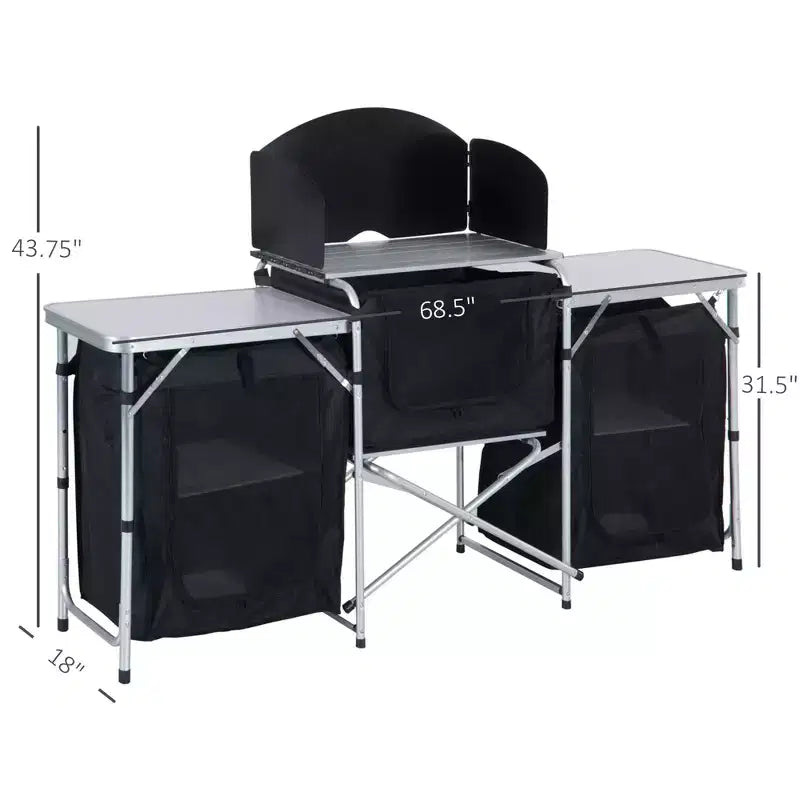 Portable Camping Kitchen Table with Windscreen and 3 Enclosed Cupboards, Aluminum Fold-Up Cook Station