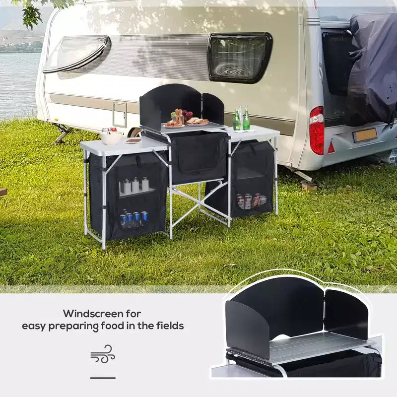 Portable Camping Kitchen Table with Windscreen and 3 Enclosed Cupboards, Aluminum Fold-Up Cook Station
