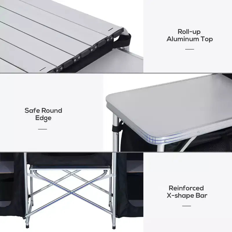 Draagbare campingkeukentafel met windscherm en 3 afgesloten kasten, aluminium inklapbaar kookstation