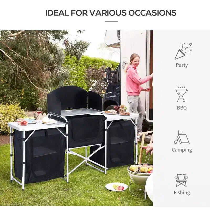 Draagbare campingkeukentafel met windscherm en 3 afgesloten kasten, aluminium inklapbaar kookstation