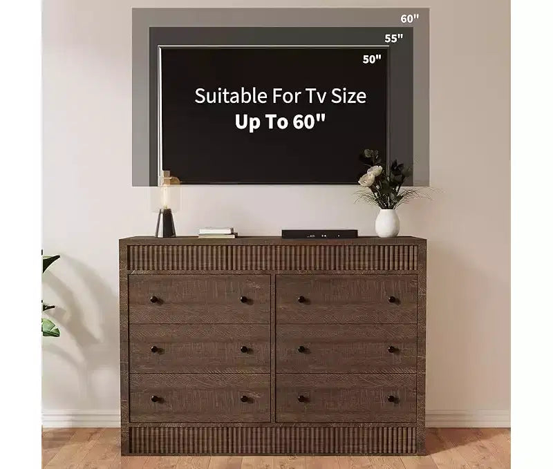 6-Drawer Wooden Dresser with Fluted Panel, 47-Inch Wide Chest of Drawers for Bedroom