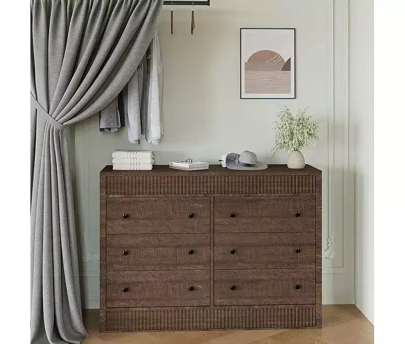 6-Drawer Wooden Dresser with Fluted Panel, 47-Inch Wide Chest of Drawers for Bedroom