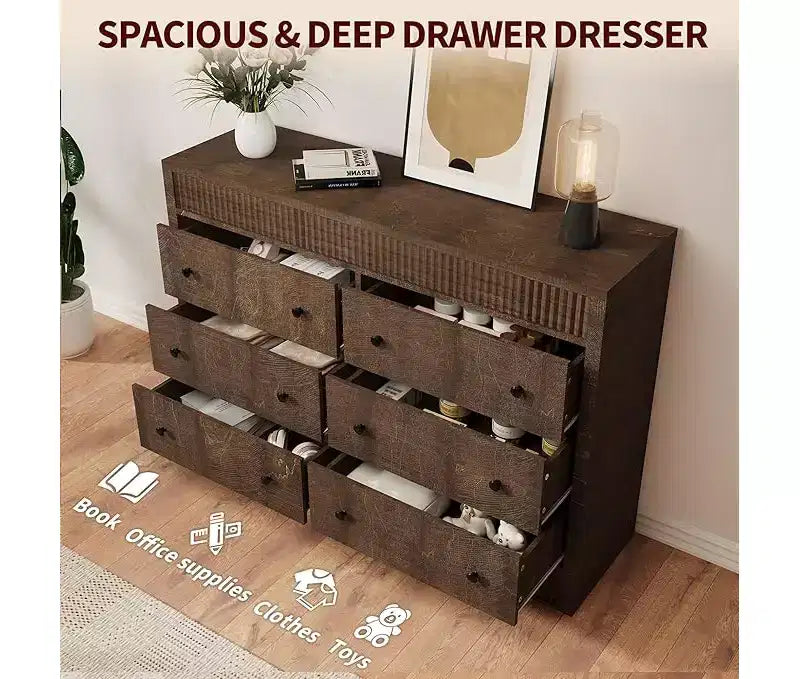 6-Drawer Wooden Dresser with Fluted Panel, 47-Inch Wide Chest of Drawers for Bedroom