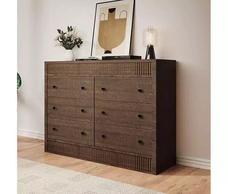 6-Drawer Wooden Dresser with Fluted Panel, 47-Inch Wide Chest of Drawers for Bedroom
