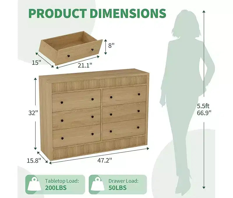 6-Drawer Wooden Dresser with Fluted Panel, 47-Inch Wide Chest of Drawers for Bedroom