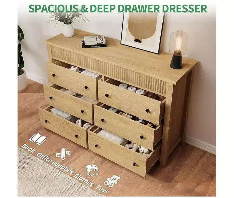 6-Drawer Wooden Dresser with Fluted Panel, 47-Inch Wide Chest of Drawers for Bedroom