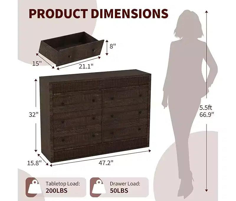 6-Drawer Wooden Dresser with Fluted Panel, 47-Inch Wide Chest of Drawers for Bedroom