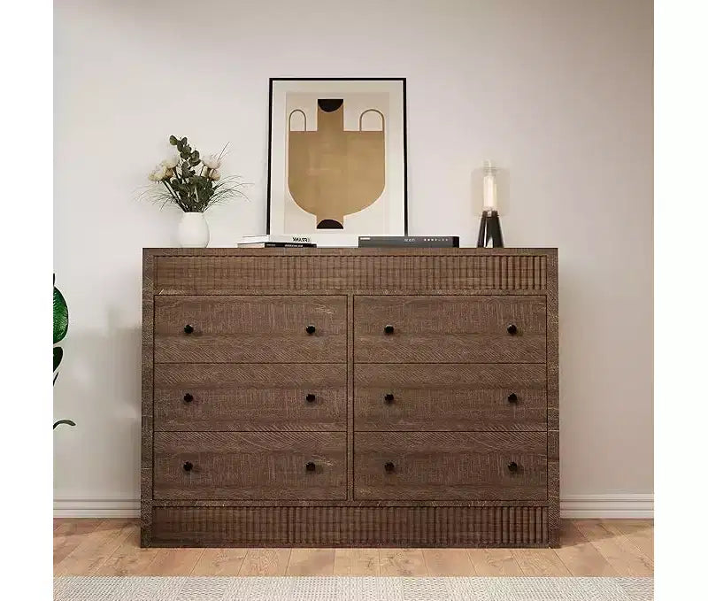 6-Drawer Wooden Dresser with Fluted Panel, 47-Inch Wide Chest of Drawers for Bedroom