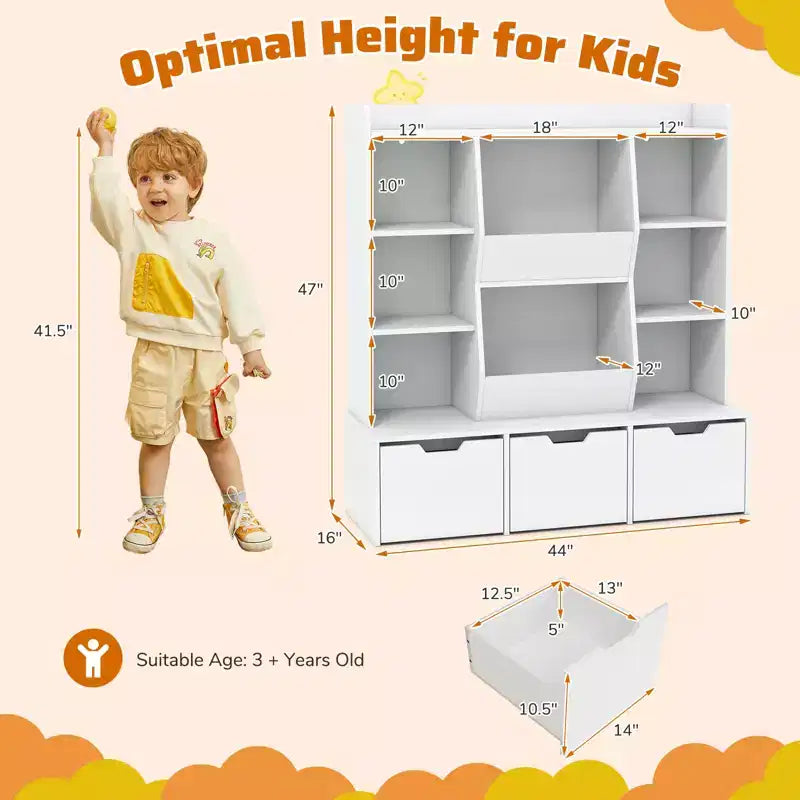 47-Inch Kids Bookcase Toy Storage Organizer with 3 Movable Drawers and 8 Cubbies