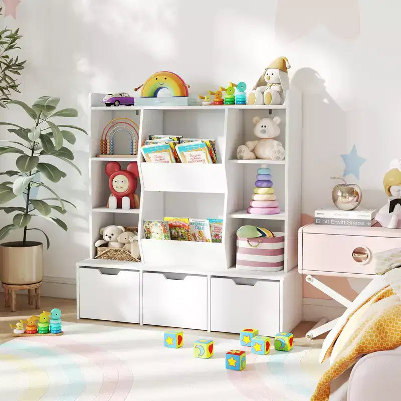 47-Inch Kids Bookcase Toy Storage Organizer with 3 Movable Drawers and 8 Cubbies