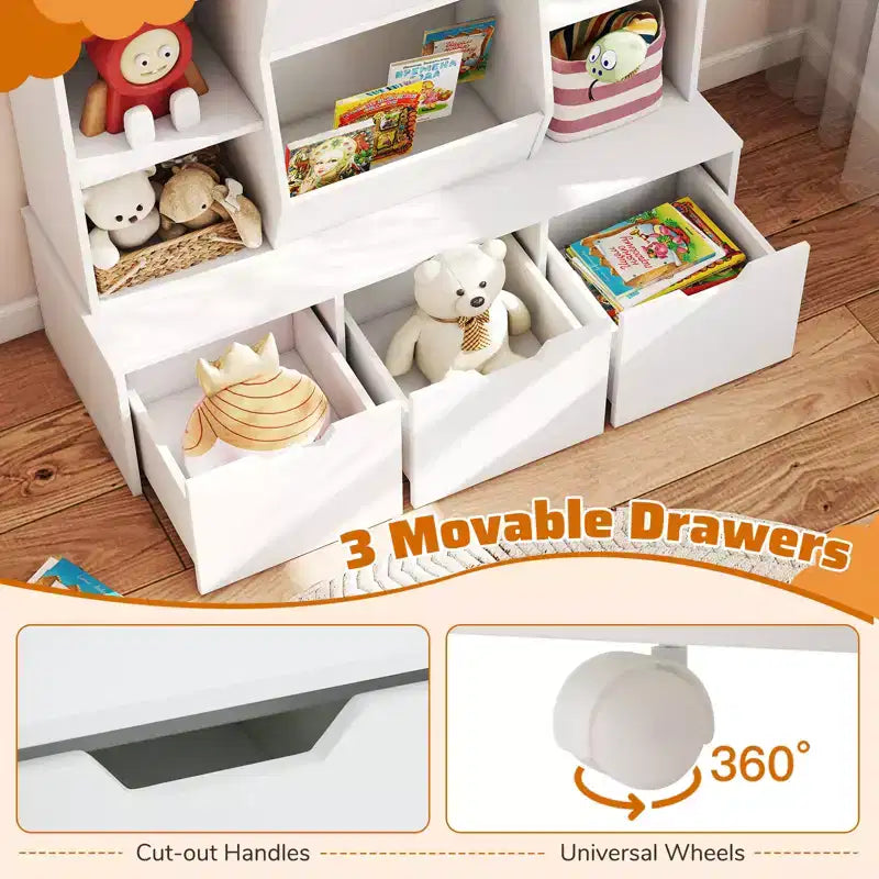 47-Inch Kids Bookcase Toy Storage Organizer with 3 Movable Drawers and 8 Cubbies