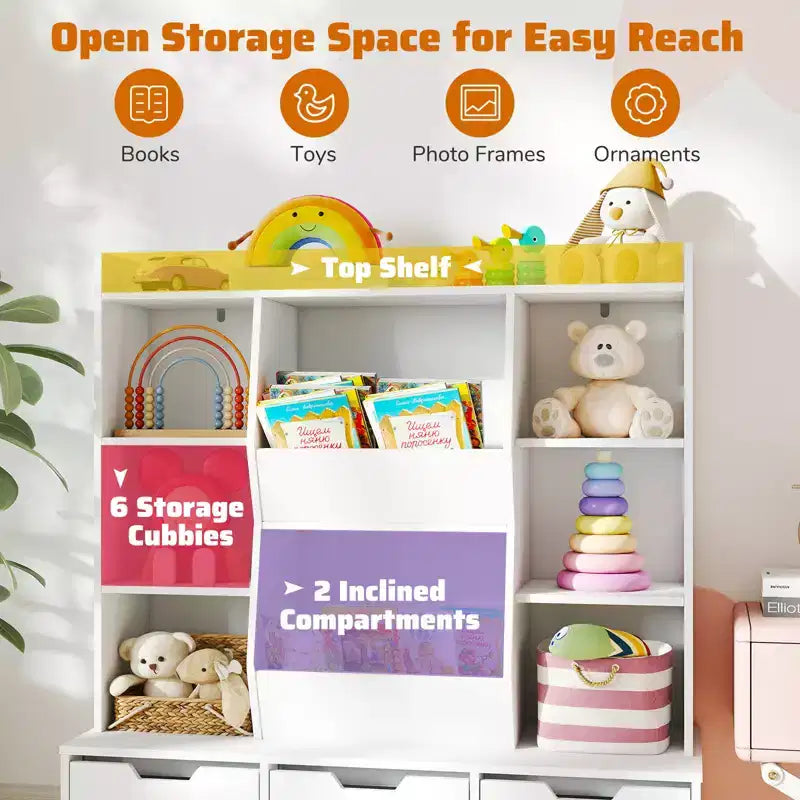 47-Inch Kids Bookcase Toy Storage Organizer with 3 Movable Drawers and 8 Cubbies