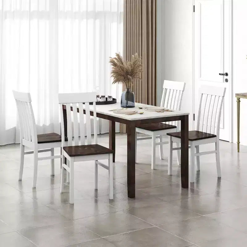 Set of 4 Farmhouse Dining Chairs with Slatted High Backrest and Contoured Seat, Rubberwood