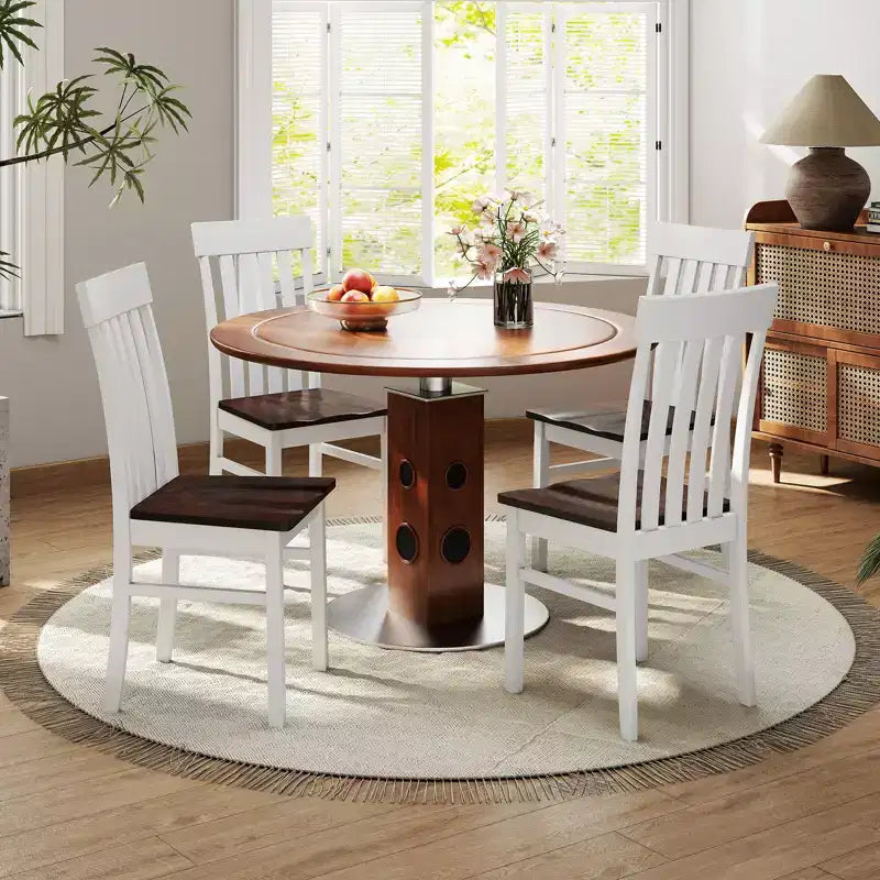 Set of 4 Farmhouse Dining Chairs with Slatted High Backrest and Contoured Seat, Rubberwood
