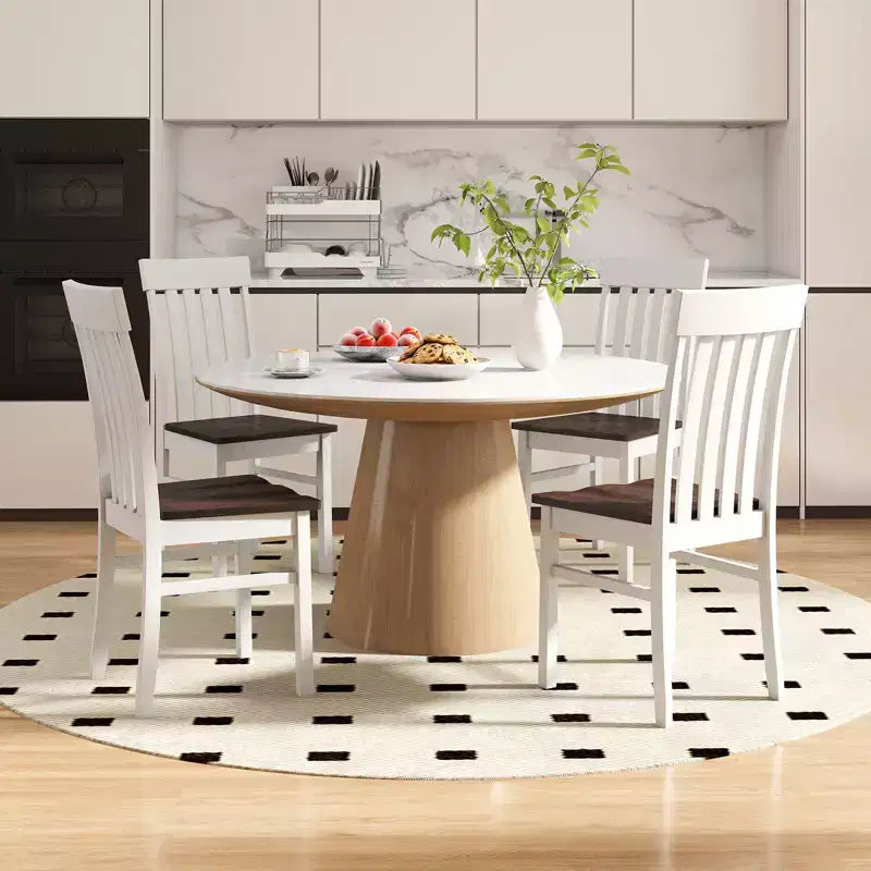 Set of 4 Farmhouse Dining Chairs with Slatted High Backrest and Contoured Seat, Rubberwood