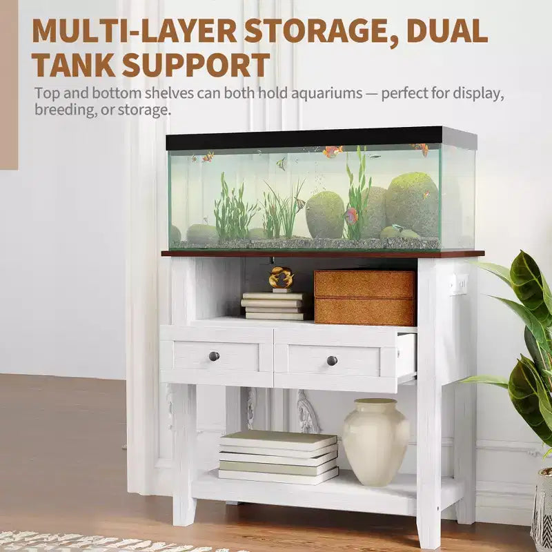 Wooden Aquarium Stand for 20-29 Gallon Fish Tank with 2 Drawers and Charging Strip
