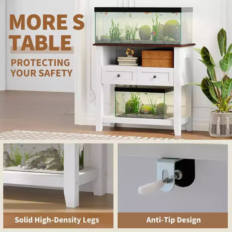 Wooden Aquarium Stand for 20-29 Gallon Fish Tank with 2 Drawers and Charging Strip