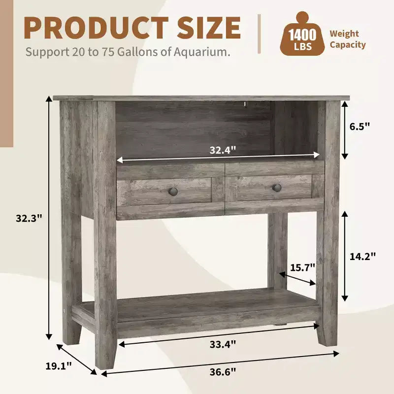 Wooden Aquarium Stand for 20-29 Gallon Fish Tank with 2 Drawers and Charging Strip