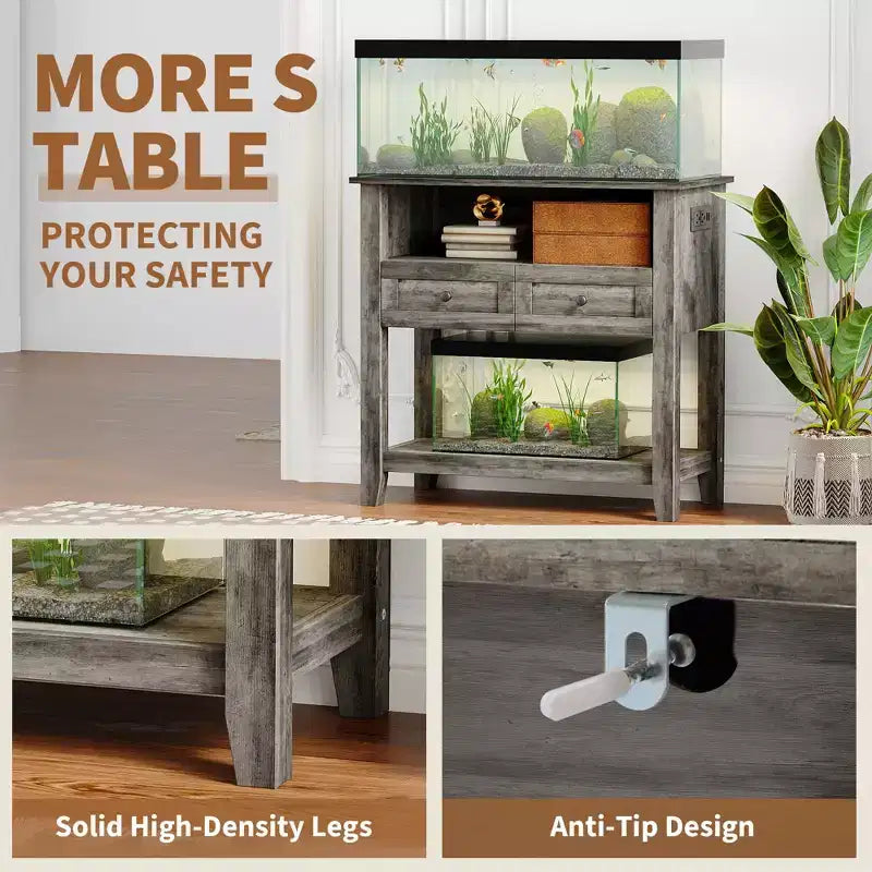 Wooden Aquarium Stand for 20-29 Gallon Fish Tank with 2 Drawers and Charging Strip
