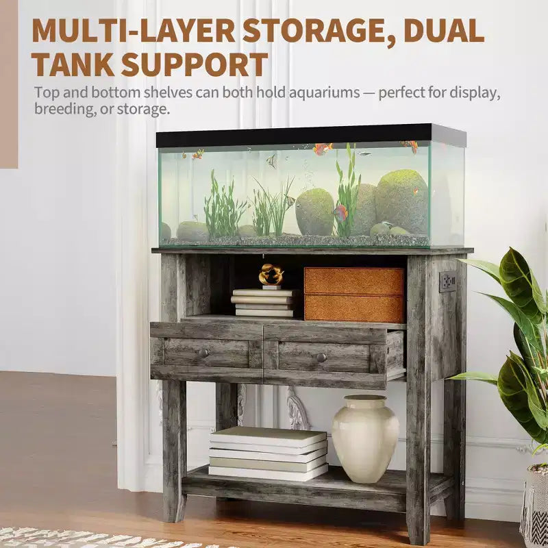 Wooden Aquarium Stand for 20-29 Gallon Fish Tank with 2 Drawers and Charging Strip