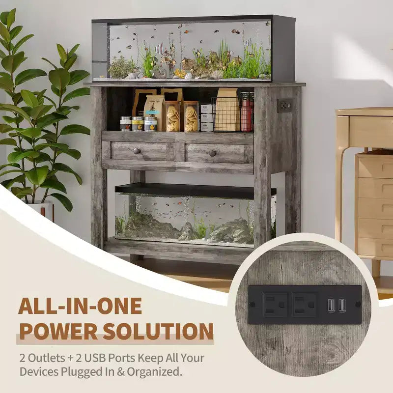 Wooden Aquarium Stand for 20-29 Gallon Fish Tank with 2 Drawers and Charging Strip