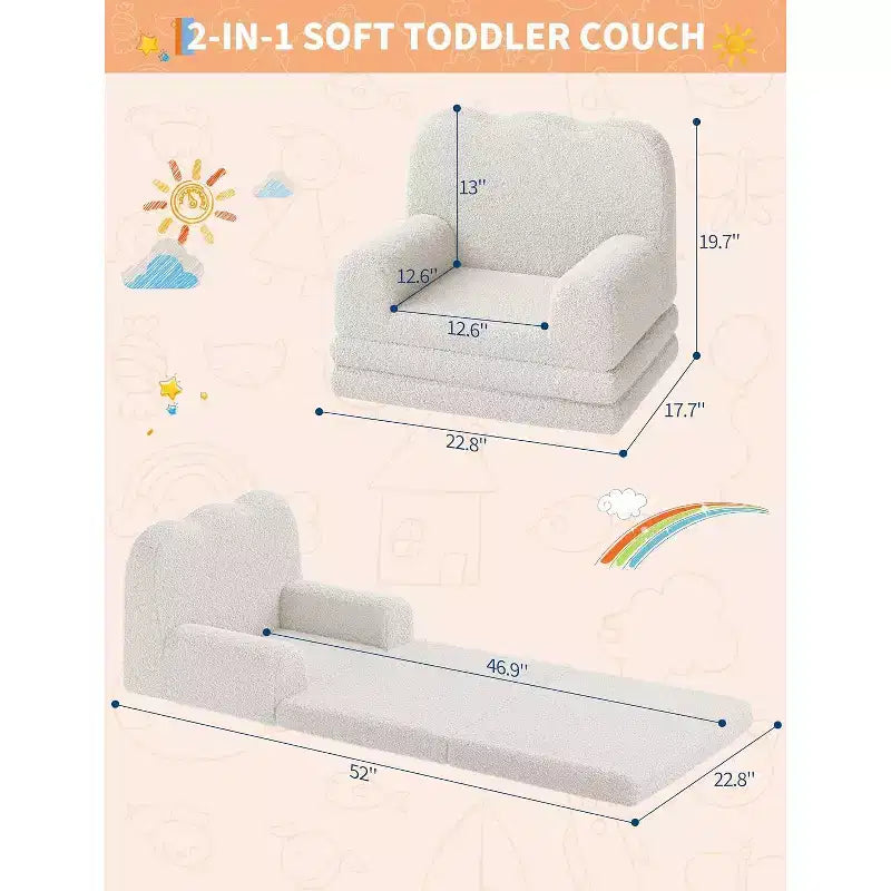 Kids Convertible Sofa Bed with Teddy Fleece Fabric, Foldable Toddler Couch for Playroom