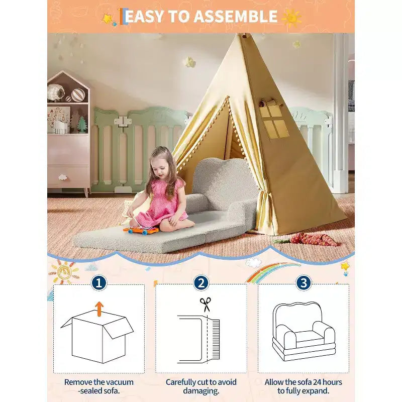 Kids Convertible Sofa Bed with Teddy Fleece Fabric, Foldable Toddler Couch for Playroom