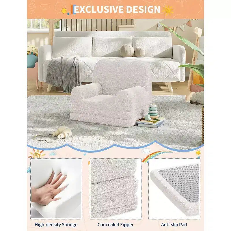 Kids Convertible Sofa Bed with Teddy Fleece Fabric, Foldable Toddler Couch for Playroom