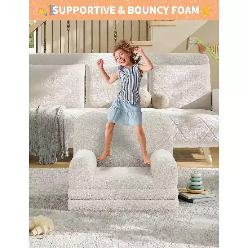 Kids Convertible Sofa Bed with Teddy Fleece Fabric, Foldable Toddler Couch for Playroom
